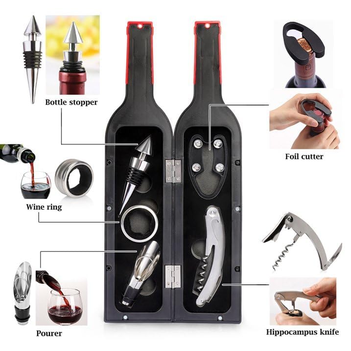McMus Wine Bottle Opener Set 5 Piece Wine Opener Gift Set with Wine Stopper Corkscrew Opener Pourer Spout Drip Ring and Foil Cutter in Matte Wine Bottle Shaped Organizer Case Black - Image 3