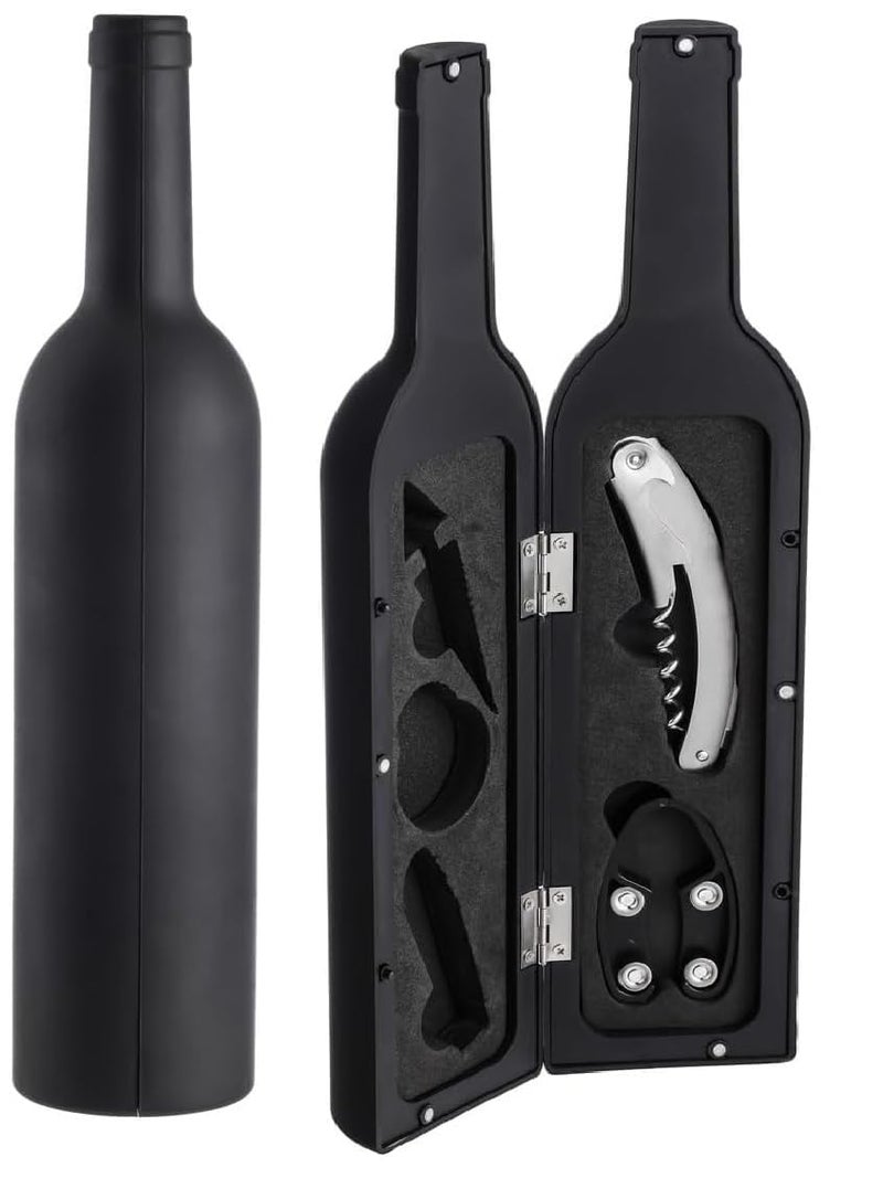 McMus Wine Bottle Opener Set 5 Piece Wine Opener Gift Set with Wine Stopper Corkscrew Opener Pourer Spout Drip Ring and Foil Cutter in Matte Wine Bottle Shaped Organizer Case Black - Image 1