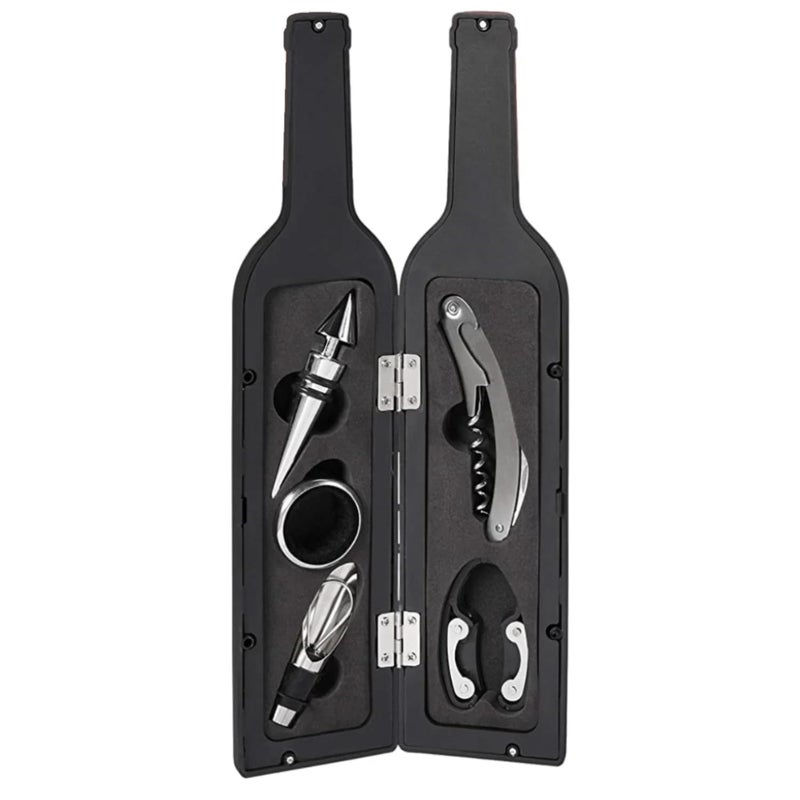 McMus Wine Bottle Opener Set 5 Piece Wine Opener Gift Set with Wine Stopper Corkscrew Opener Pourer Spout Drip Ring and Foil Cutter in Matte Wine Bottle Shaped Organizer Case Black - Image 2