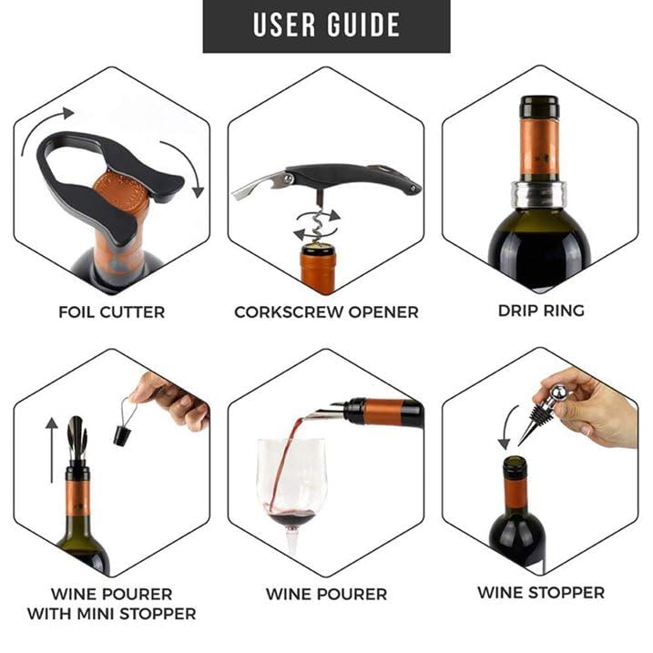 McMus Wine Bottle Opener Set 5 Piece Wine Opener Gift Set with Wine Stopper Corkscrew Opener Pourer Spout Drip Ring and Foil Cutter in Matte Wine Bottle Shaped Organizer Case Black - Image 5