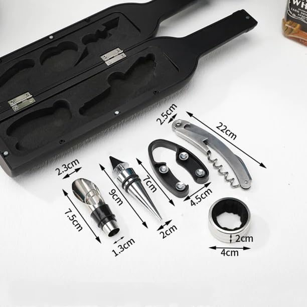 McMus Wine Bottle Opener Set 5 Piece Wine Opener Gift Set with Wine Stopper Corkscrew Opener Pourer Spout Drip Ring and Foil Cutter in Matte Wine Bottle Shaped Organizer Case Black - Image 4