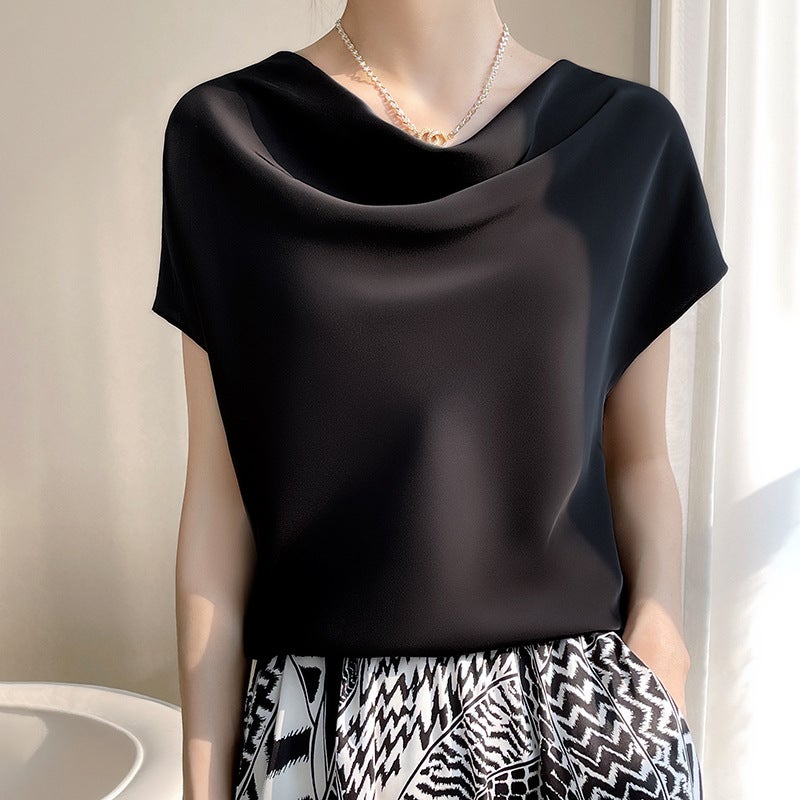 Silk Silk 2023 Summer New Women's French Style Elegant Satin T-shirt Large Size All-match Pile Collar Short-sleeve T-shirt - Image 1