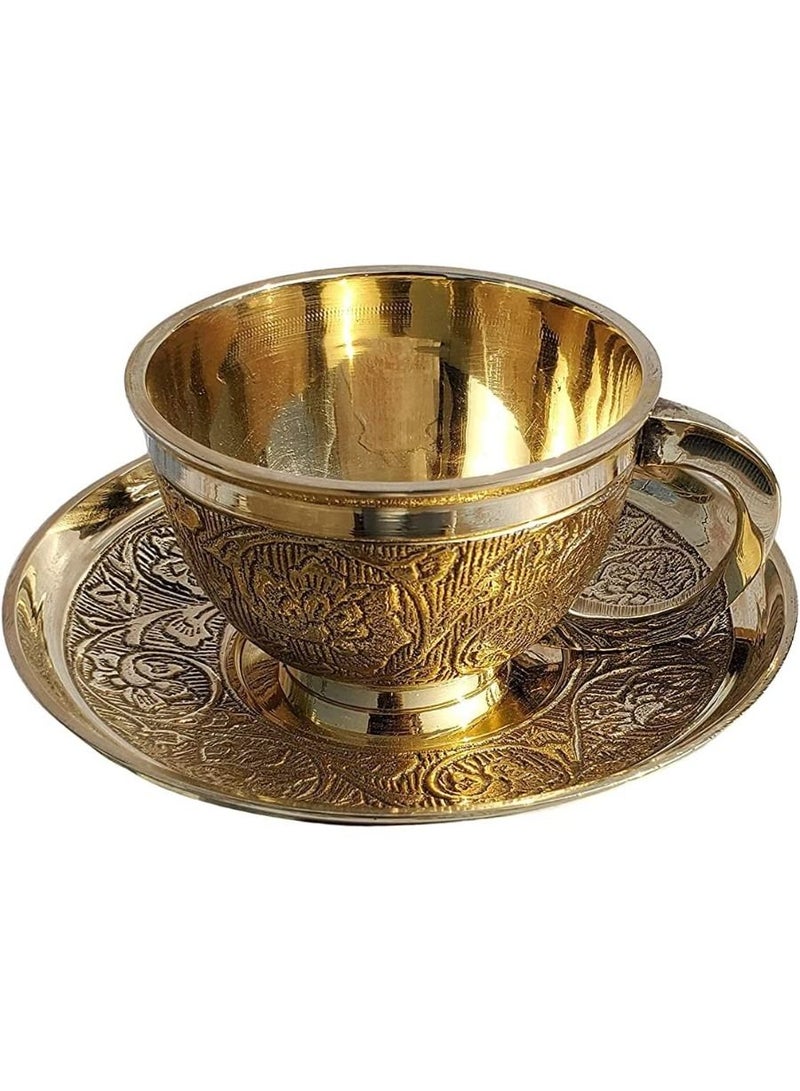 QUESERA Pure Brass Embossed Design Cup Saucer Serving Tea Coffee Tableware - Image 1