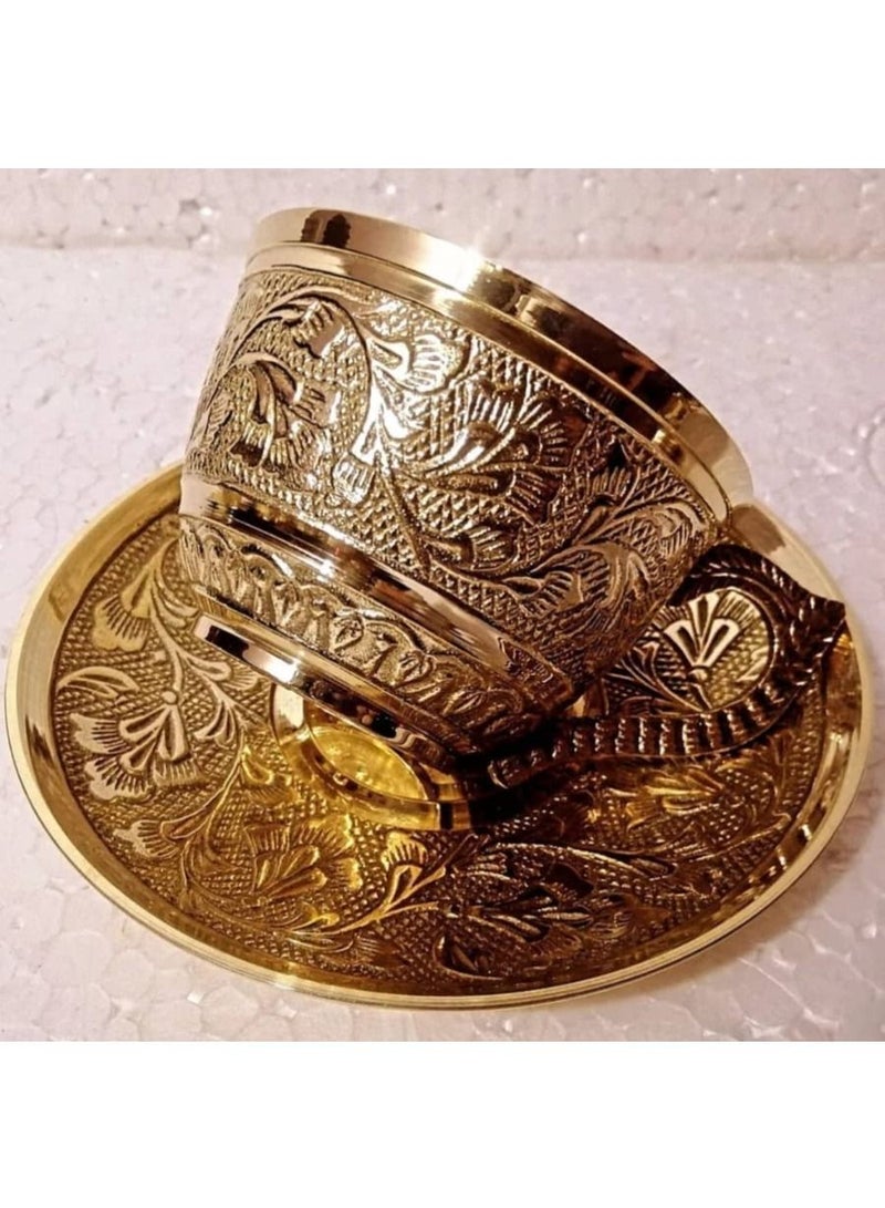 QUESERA Pure Brass Embossed Design Cup Saucer Serving Tea Coffee Tableware - Image 2