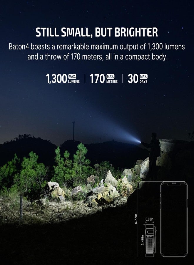 OLIGHT Baton4 Rechargeable EDC Flashlight, LED Pocket Light 1300 Lumens with Magnetic Charging Cable, 6 Modes, IPX8 Waterproof Powerful Bright Flashlight for Home, Camping and Emergencies (OD Green) - Image 3