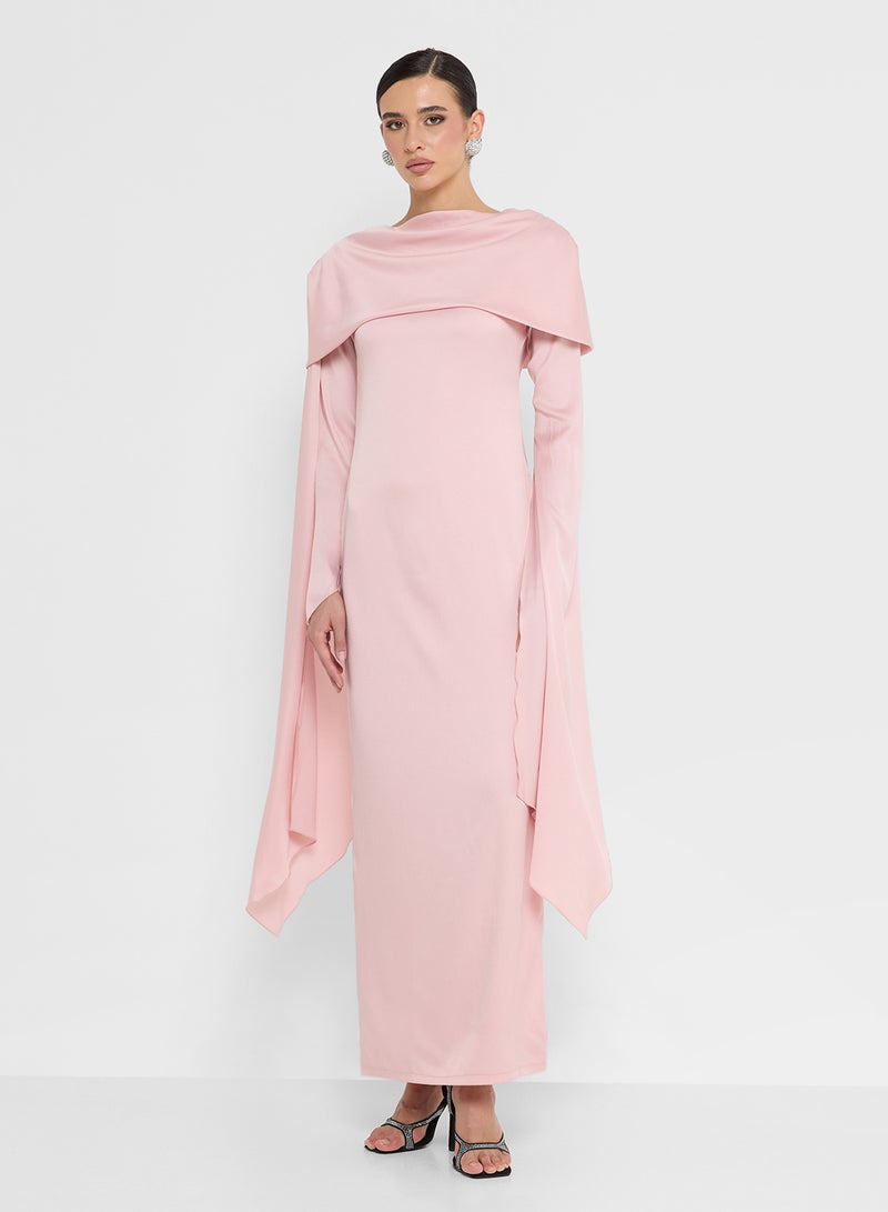 FYOR Soft Pink Draped Off-Shoulder Maxi Dress with Long Sleeves - Image 1