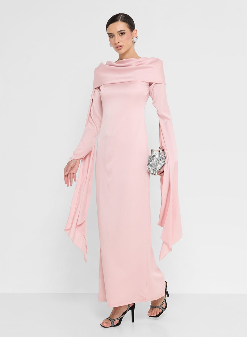 FYOR Soft Pink Draped Off-Shoulder Maxi Dress with Long Sleeves - Image 4