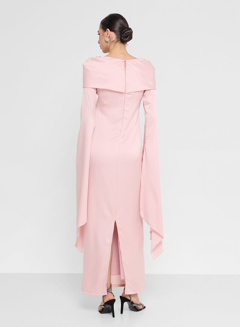 FYOR Soft Pink Draped Off-Shoulder Maxi Dress with Long Sleeves - Image 2