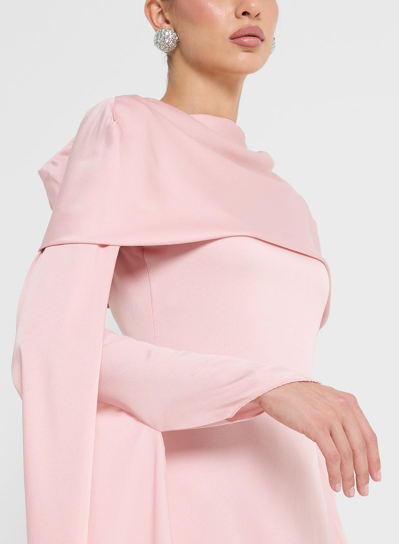 FYOR Soft Pink Draped Off-Shoulder Maxi Dress with Long Sleeves - Image 3