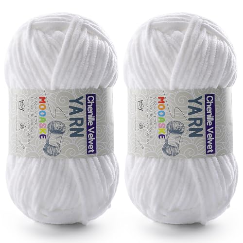 Mooaske 2 Pac Chenille Yarn for Crocheting - Soft Blanket Yarn, 50g/1.76oz, 60m/65yard (White) - Image 1