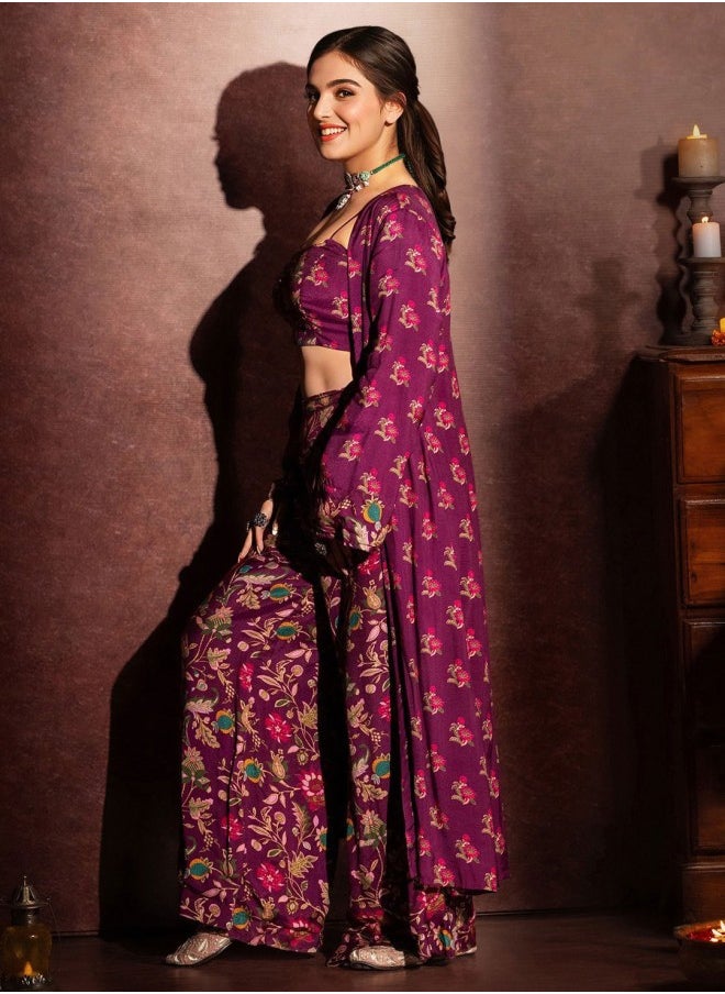 ISHIN Women's Purple Rayon Embellished Cropped Full Length Palazzo Straight Fit Co-Ords  - Image 3