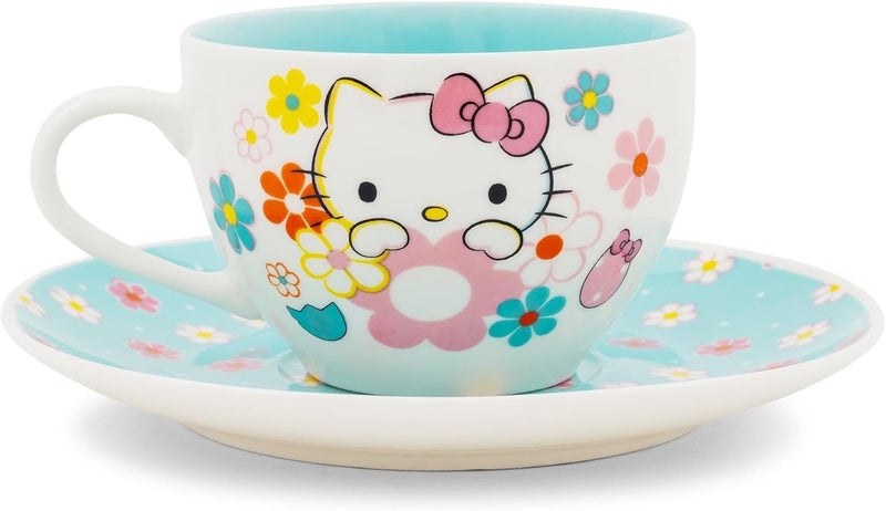Hello Kitty Sanrio Hello Kitty Floral Bone China Teacup and Saucer Set  Tea Party For Coffee Espresso Mocha  Holds 7 Ounces - Image 3