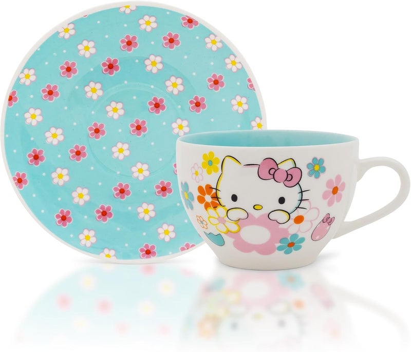 Hello Kitty Sanrio Hello Kitty Floral Bone China Teacup and Saucer Set  Tea Party For Coffee Espresso Mocha  Holds 7 Ounces - Image 2