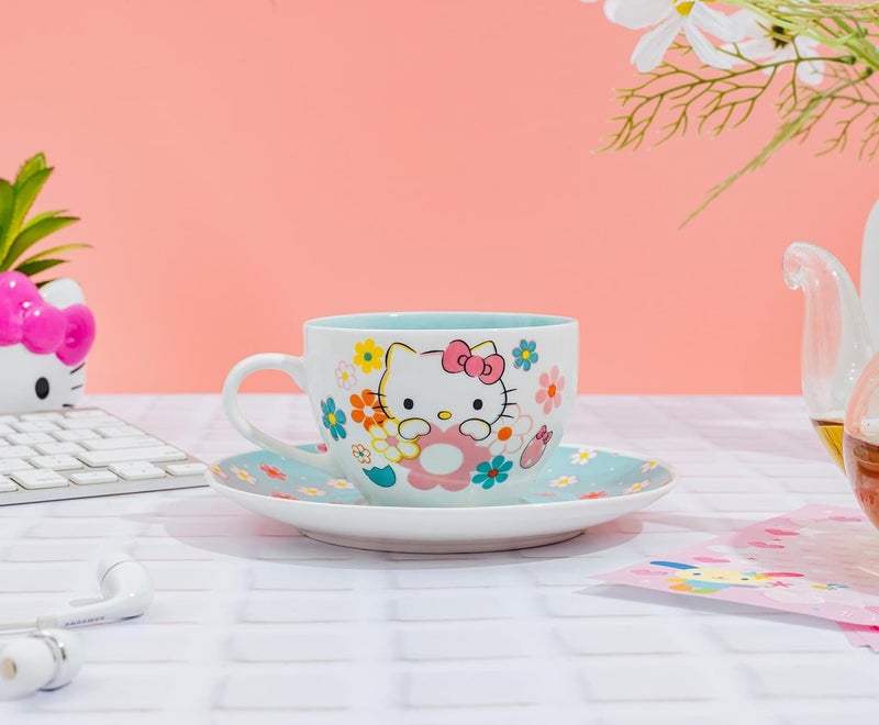 Hello Kitty Sanrio Hello Kitty Floral Bone China Teacup and Saucer Set  Tea Party For Coffee Espresso Mocha  Holds 7 Ounces - Image 4
