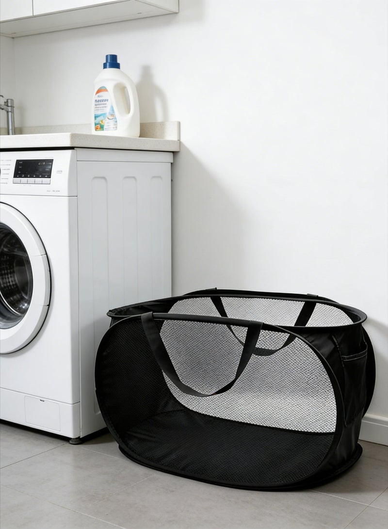 سلة الغسيل المنزلية ، شبكة حقيبة قابلة للطي ، سلة الغسيل المنبثقة ، سلة الغسيل القابلة للطي مع مقبض ، أسود - Image 1
