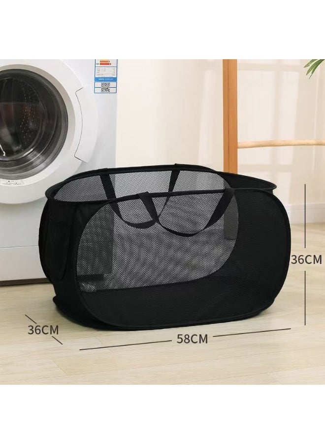 سلة الغسيل المنزلية ، شبكة حقيبة قابلة للطي ، سلة الغسيل المنبثقة ، سلة الغسيل القابلة للطي مع مقبض ، أسود - Image 3