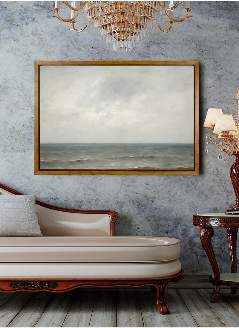 LOWHA Canvas Wall Art Stretched Over Wooden Frame with Wooden Color Floating Frame and Vintage Style Sea Saves Scene Painting  - Image 1