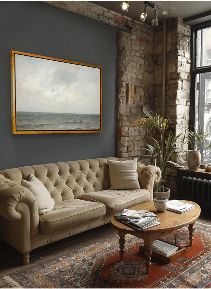 LOWHA Canvas Wall Art Stretched Over Wooden Frame with Wooden Color Floating Frame and Vintage Style Sea Saves Scene Painting  - Image 2