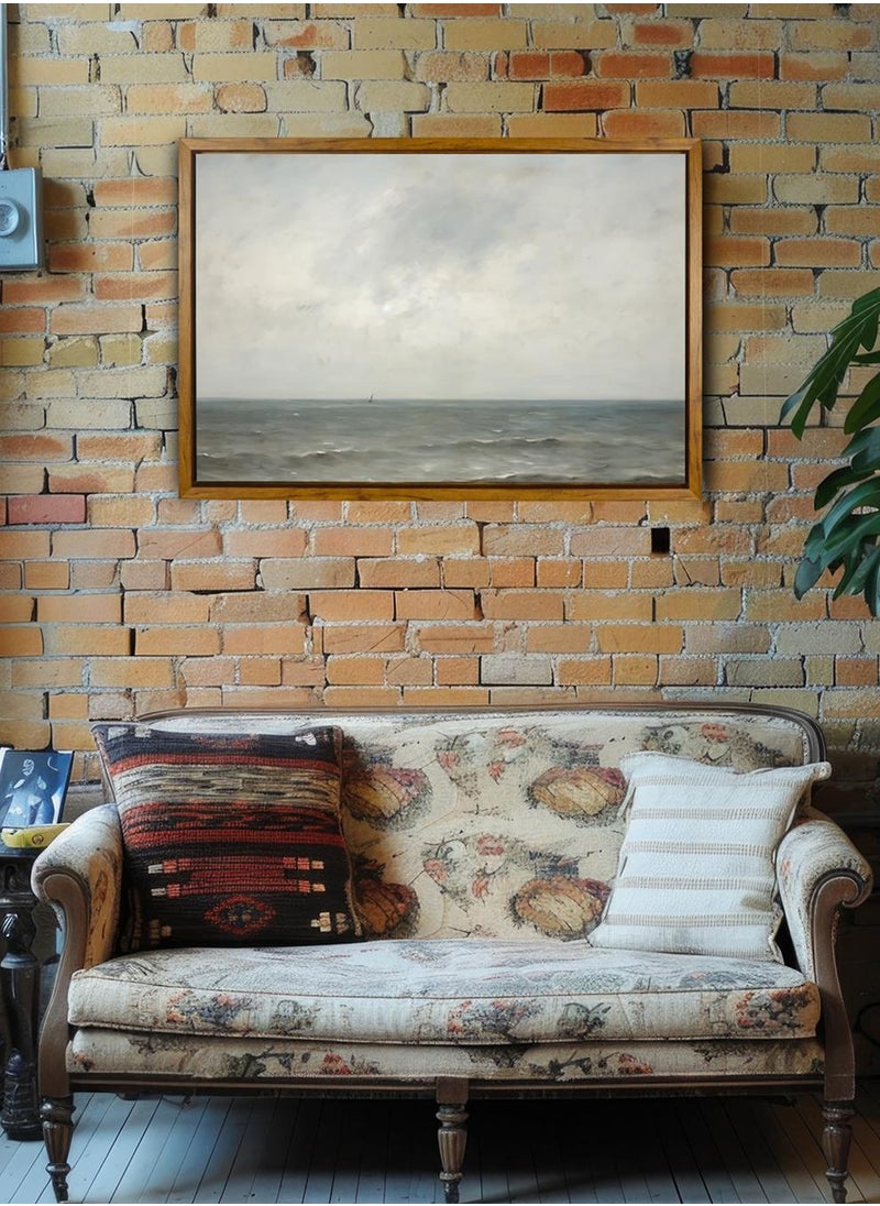 LOWHA Canvas Wall Art Stretched Over Wooden Frame with Wooden Color Floating Frame and Vintage Style Sea Saves Scene Painting  - Image 4