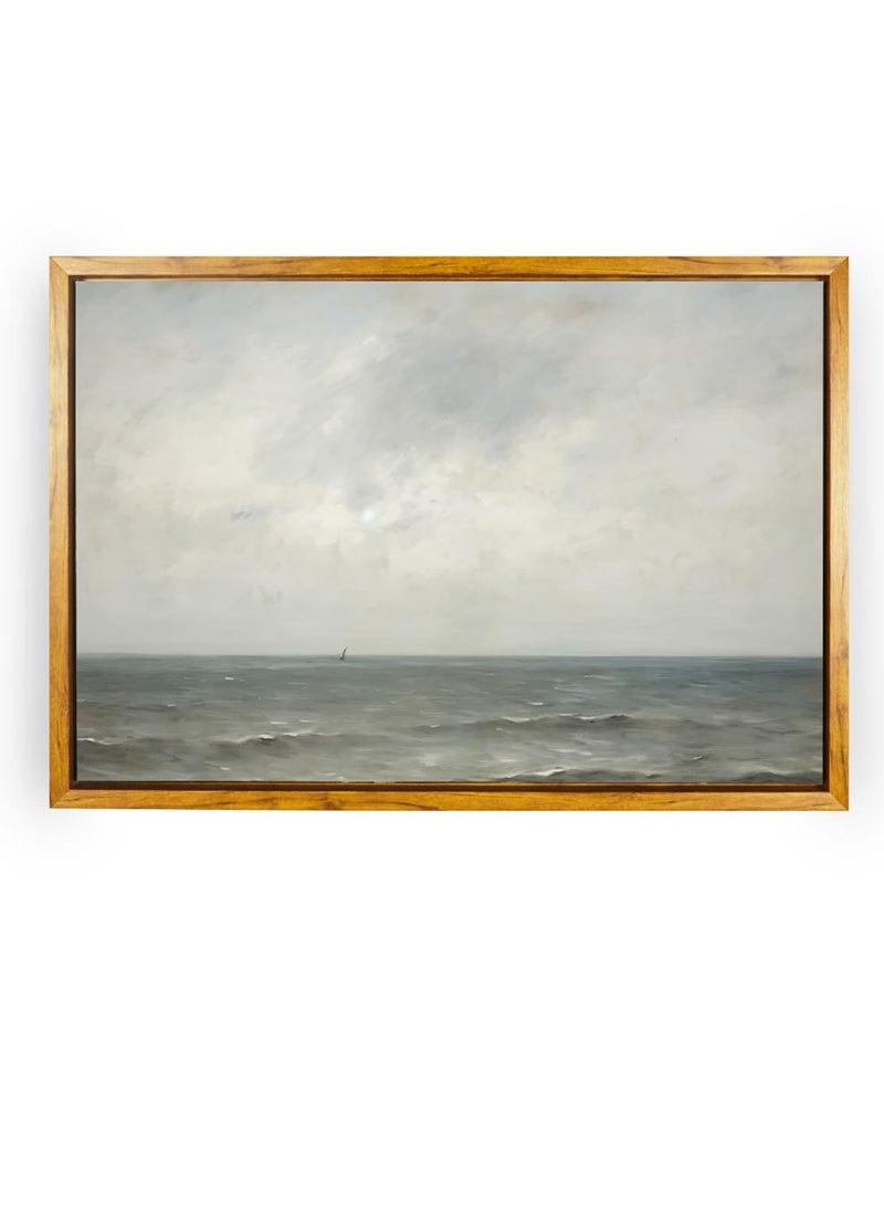 LOWHA Canvas Wall Art Stretched Over Wooden Frame with Wooden Color Floating Frame and Vintage Style Sea Saves Scene Painting  - Image 5