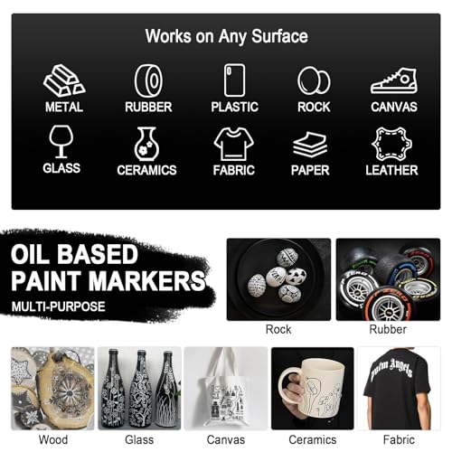 Betem أقلام ماركرز طلاء زيتية بيضاء وسوداء من بيتيم (4 قطع) برأس مزدوج (0.7 مم و 3 مم)، ماركر دائم، مقاوم للماء، سريع الجفاف، للرسم على الصخور، الخشب، البلاستيك، المعدن، القماش (2 أبيض 2 أسود) - Image 4