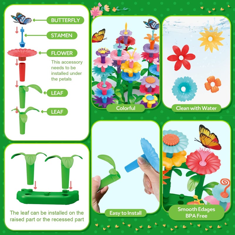 YEEBAY Flower Garden Building Toys for Girls Age 3, 4, 5, 6, 7 Year Old - STEM Gardening Toys for Kids - Stacking Game for Toddlers Play Set - Educational Activity for Preschool (148 PCS) - Image 2
