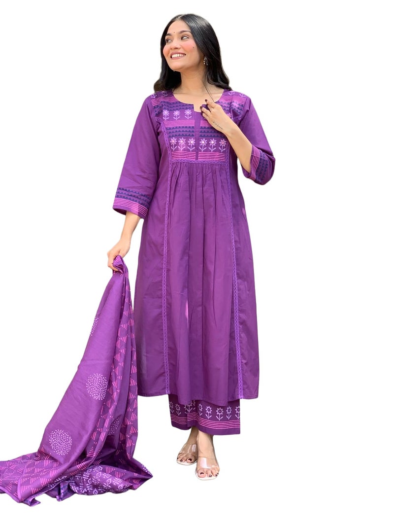 MEERA FAB Women Printed Regular Pure Cotton Straight Kurta with Palazzos & with Dupatta Purple - Image 1