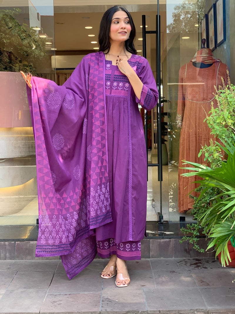 MEERA FAB Women Printed Regular Pure Cotton Straight Kurta with Palazzos & with Dupatta Purple - Image 3
