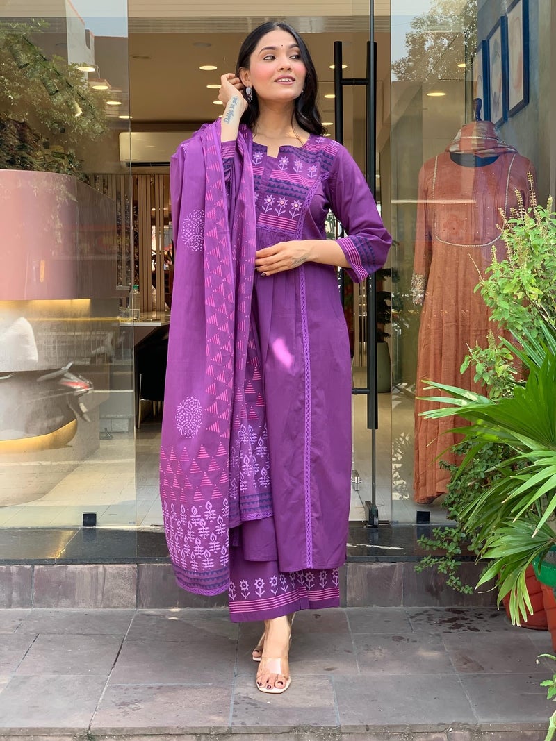 MEERA FAB Women Printed Regular Pure Cotton Straight Kurta with Palazzos & with Dupatta Purple - Image 5