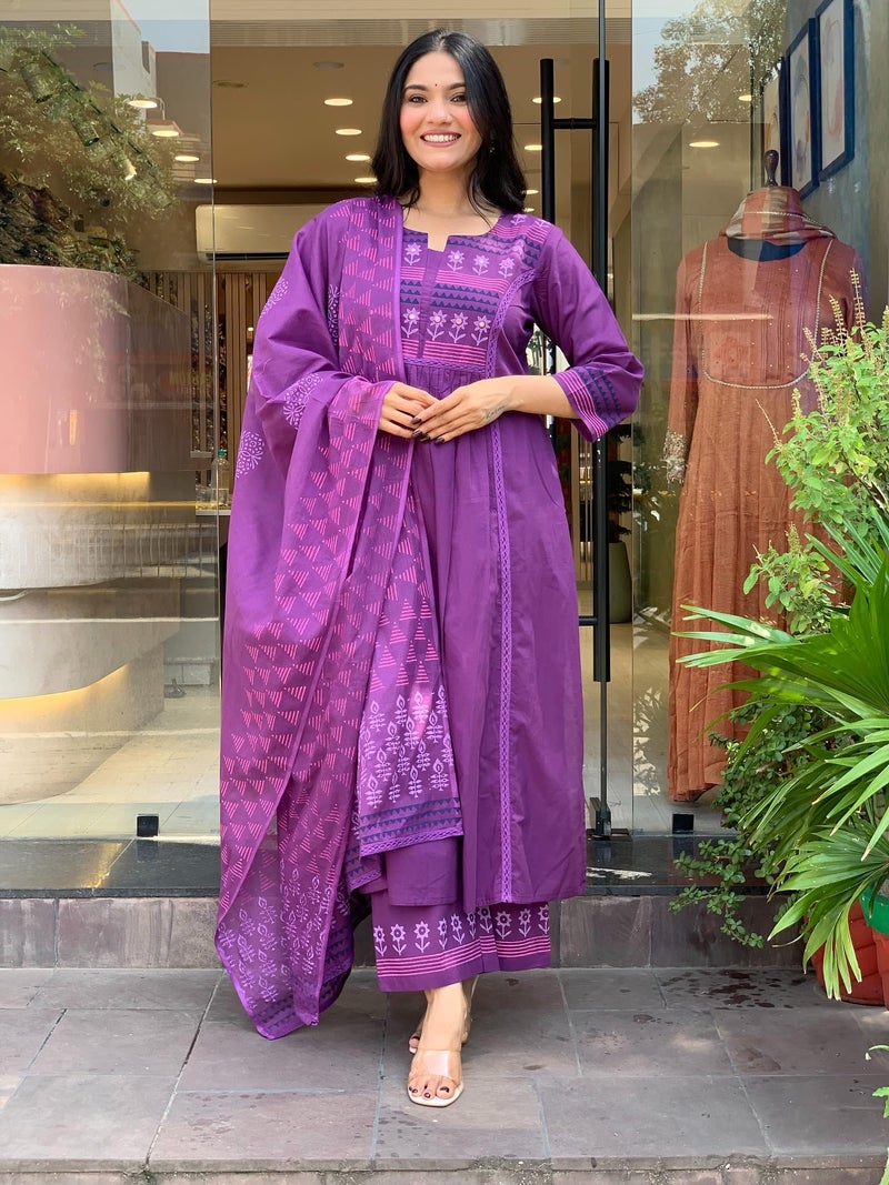MEERA FAB Women Printed Regular Pure Cotton Straight Kurta with Palazzos & with Dupatta Purple - Image 4