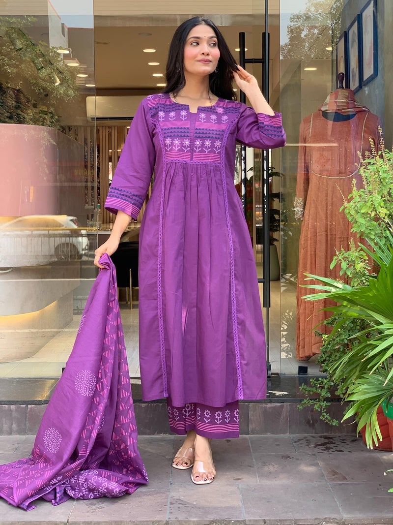 MEERA FAB Women Printed Regular Pure Cotton Straight Kurta with Palazzos & with Dupatta Purple - Image 2