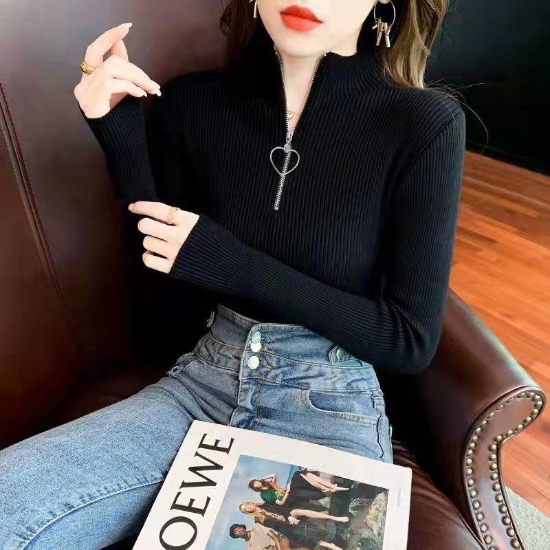 Chic Hong Kong Style Zipper Slim-fit Slim-fit Slimming Inner Long-sleeve Base Shirt 2022 Autumn and Winter Pullover Half-high Collar T-shirt for Women Black (love zipper)