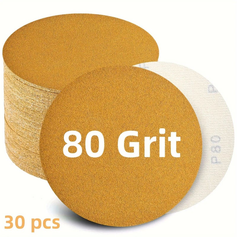 80 Grit 30pcs Non Porous Golden Hook Loop Sanding Discs Orbital Sander For Woodworking - Image 1