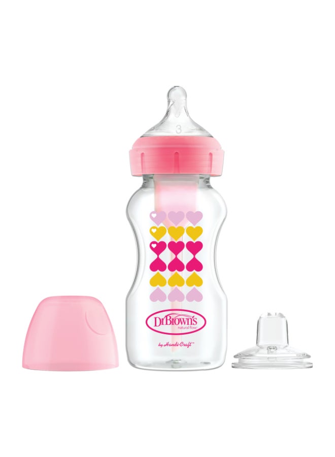 Dr. Brown’s 9 Oz/270 Ml Pp W-N Anti-Colic Options+ Pink Hearts Bottle With Sippy Spout (+L3 Nipple In Bottle), 1-Pack - Image 1
