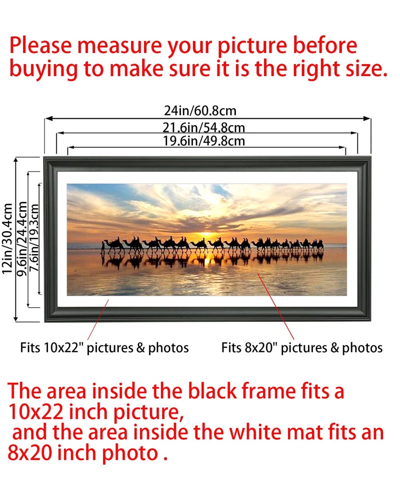 LTYHHK 10x22 Panoramic Picture Frames Solid Wood, Displays 8x20 with Mat or 10x22 Inch without Mat, Poster Frame 10x22 Photo Frames Family Wall 8x20 Picture Frame Black(LMKB1022) - Image 2