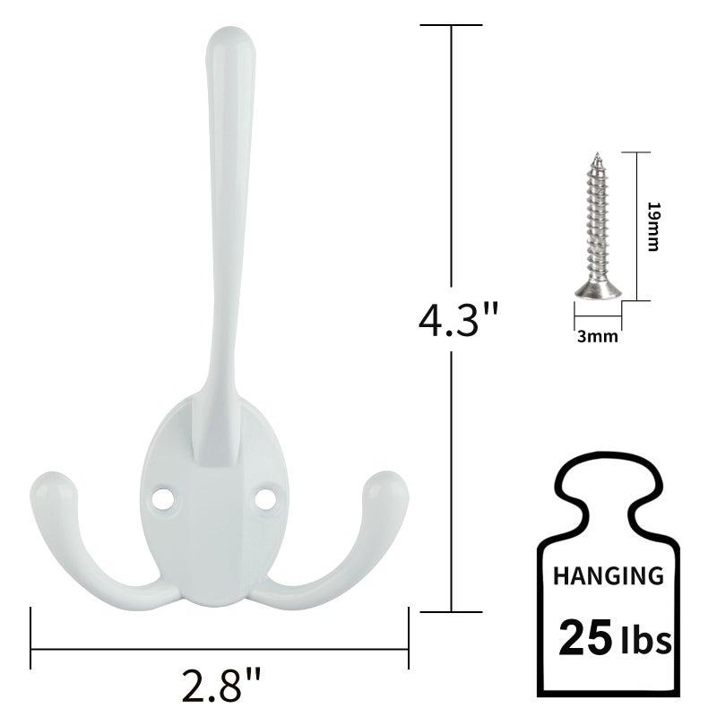 IBosins 6 Pack Big Heavy Duty Three Prongs Coat Hooks Wall Mounted with 12 Screws Retro Double Utility Rustic Hooks for Thick Coat, Big Heavy Bags (White) - Image 2
