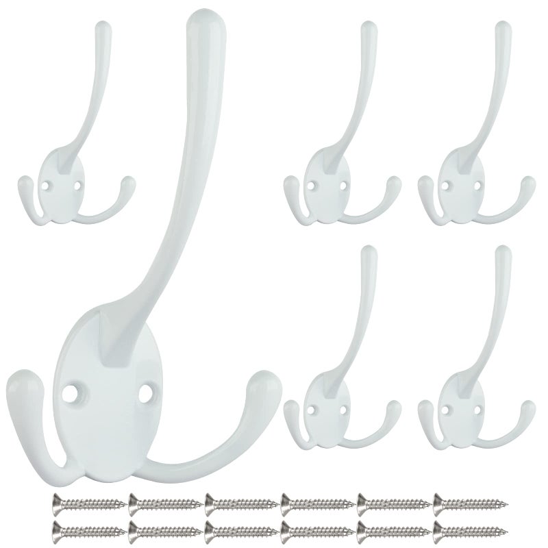 IBosins 6 Pack Big Heavy Duty Three Prongs Coat Hooks Wall Mounted with 12 Screws Retro Double Utility Rustic Hooks for Thick Coat, Big Heavy Bags (White) - Image 1