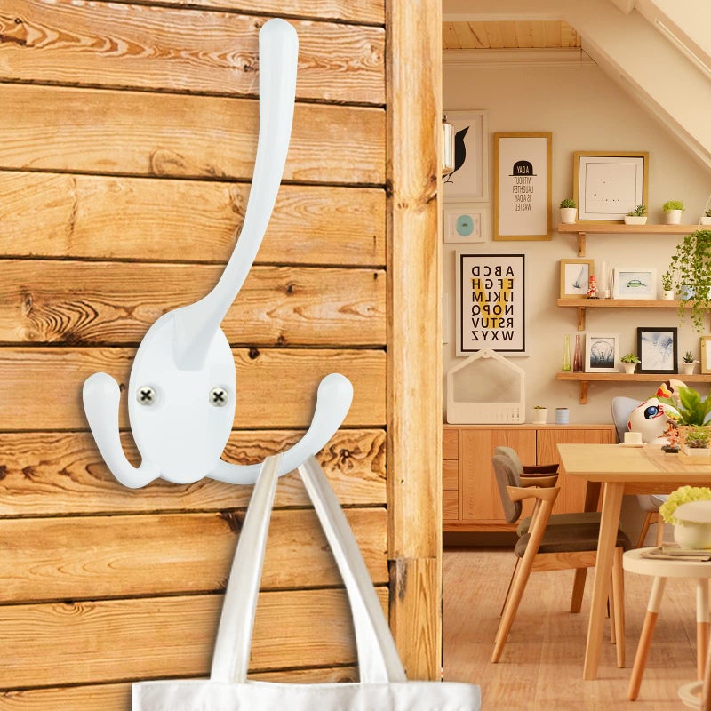 IBosins 6 Pack Big Heavy Duty Three Prongs Coat Hooks Wall Mounted with 12 Screws Retro Double Utility Rustic Hooks for Thick Coat, Big Heavy Bags (White) - Image 3
