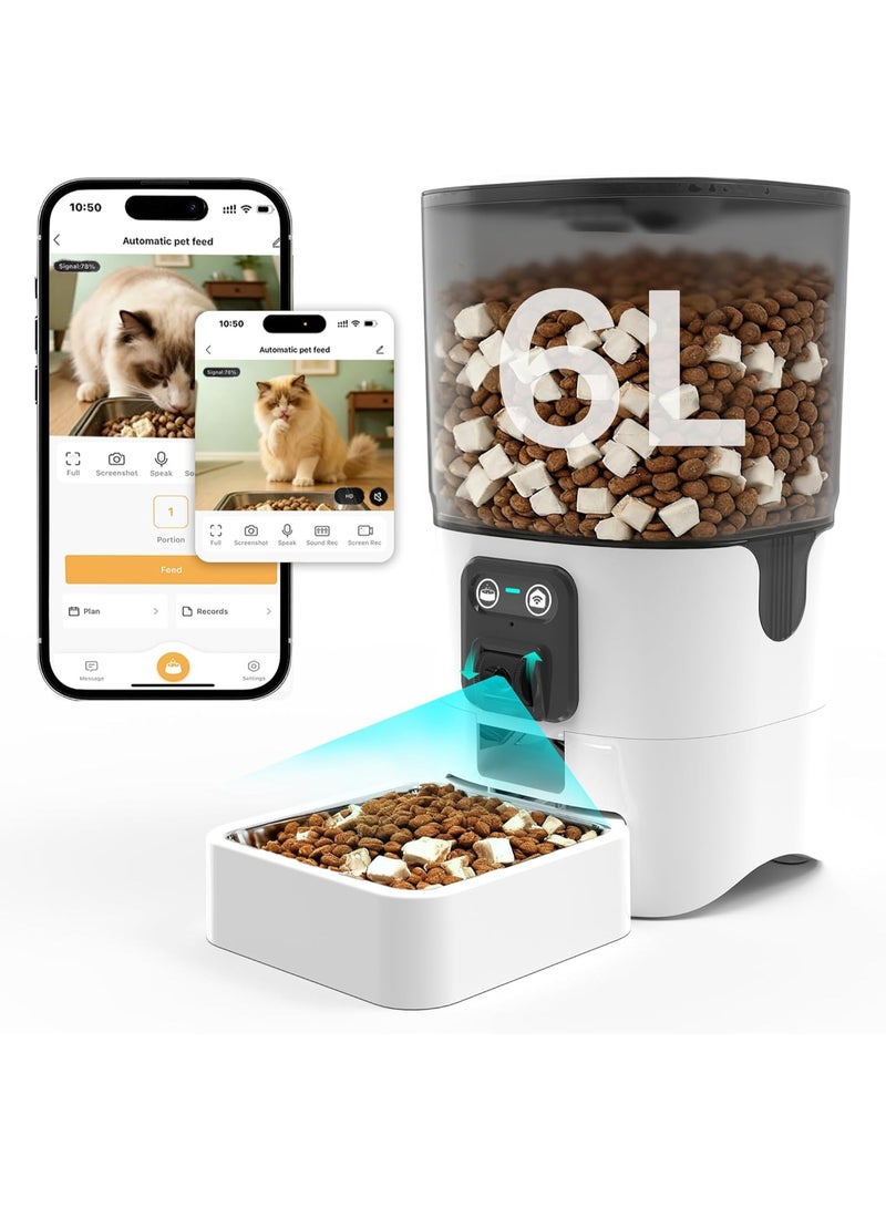 Automatic Pet Feeder Papifeed Slow Feeder 6L with 1080P Camera WiFi App & Voice Monitoring, Smart Cat Feeder & Pet Feeder, Automatic Cat Feeder Dispenser, Portion Control, Cat/Dog Bowl, Stainless Steel, Battery & Dual Power with Timer Backup for Outage, 3kg Capacity (White Adjustable Camera) - Image 1