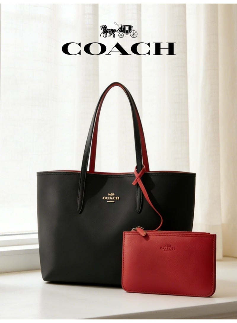coachoutlet Coach women's double-sided two-tone large capacity handbag, women's shoulder bag, crossbody bag，fashionable and multifunctional, black and red - Image 1