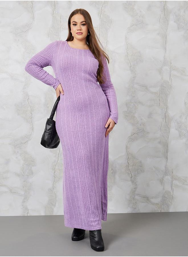 Styli - Ribbed Knit Maxi Dress with Side Slit - Image 1