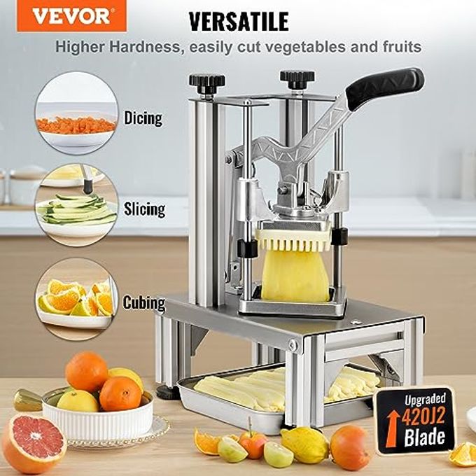 VEVOR Commercial French Fry Cutter with 4 Replacement Blades, 1/4" and 3/8" Blade Easy Dicer Chopper, 6-wedge Slicer and 6-wedge Apple Corer, Lemon Potato Cutter for French Fries with Extended Handle - Image 5