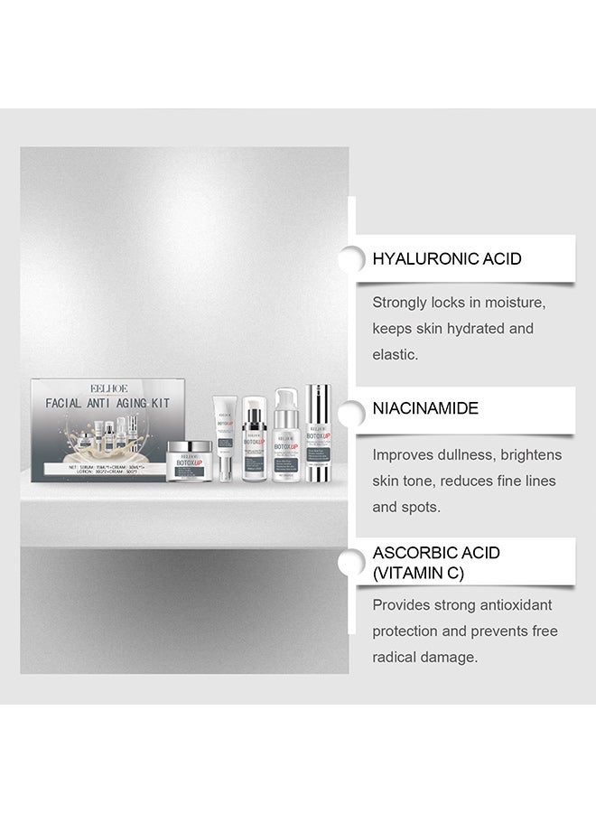 إيلهو مجموعة العناية بالبشرة من EELHOE (كريم شد البشرة: 30 مل، كريم تقليل التجاعيد: 50 مل، خلاصة تقليل التجاعيد: 15 مل، كريم تقليل التجاعيد: 30 جم، لوشن تقليل التجاعيد: 30 جم)، غنية بحمض الهيالورونيك والنياسيناميد وفيتامين سي، مناسبة لترطيب البشرة وتنعيمها وشدها وتلاشي الخطوط الدقيقة وتغذية الوجه. - Image 4