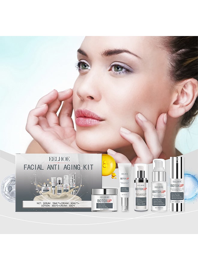 إيلهو مجموعة العناية بالبشرة من EELHOE (كريم شد البشرة: 30 مل، كريم تقليل التجاعيد: 50 مل، خلاصة تقليل التجاعيد: 15 مل، كريم تقليل التجاعيد: 30 جم، لوشن تقليل التجاعيد: 30 جم)، غنية بحمض الهيالورونيك والنياسيناميد وفيتامين سي، مناسبة لترطيب البشرة وتنعيمها وشدها وتلاشي الخطوط الدقيقة وتغذية الوجه. - Image 2