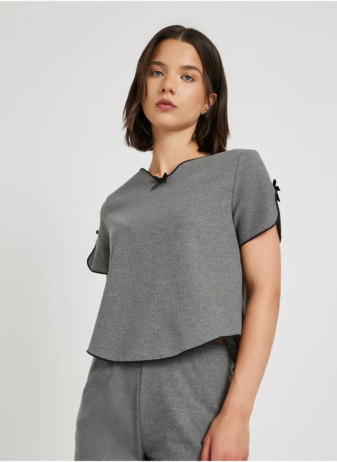 تايك تو Take Two Solid Short Sleeve T-Shirt with Bow Detail and Shorts Pyjama Set