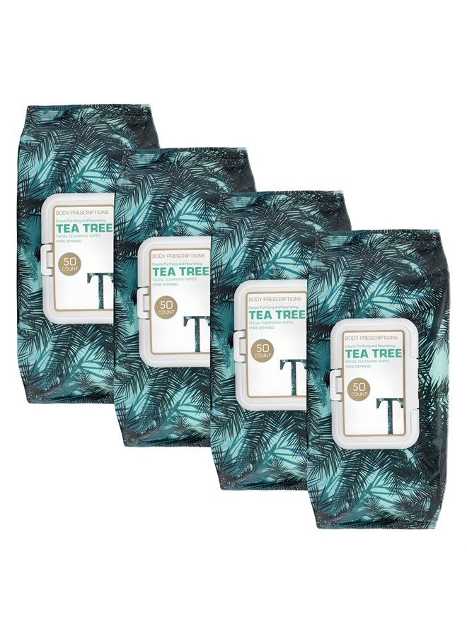 Body Prescriptions مناديل الوجه | مناديل تنظيف الوجه بلطف وإزالة المكياج من شجرة الشاي - 4 عبوات (50 قطعة لكل منها) - Image 1