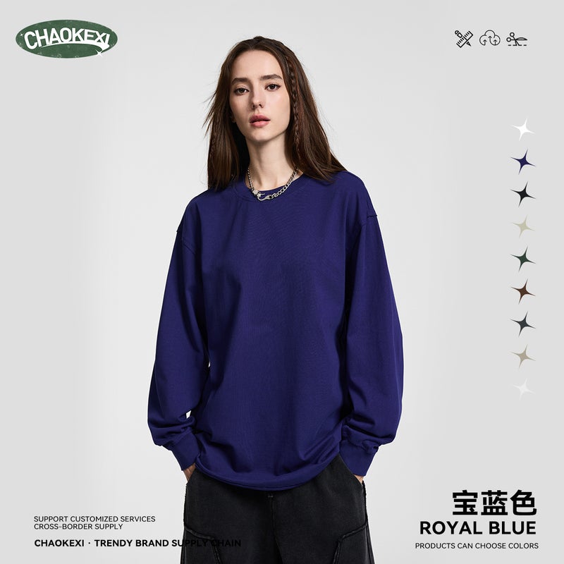 Autumn American high street solid color heavyweight 305g pure cotton short-sleeved loose long-sleeved basic men's and women's small neckline men's clothing - Image 4