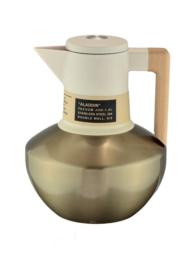 GAZELLA Stainless Steel Tea/Coffee Flask 1 Liter Ivory/Bronze, Wooden Handle, 304 Stainless Steel Inside, Double Wall Vacuum