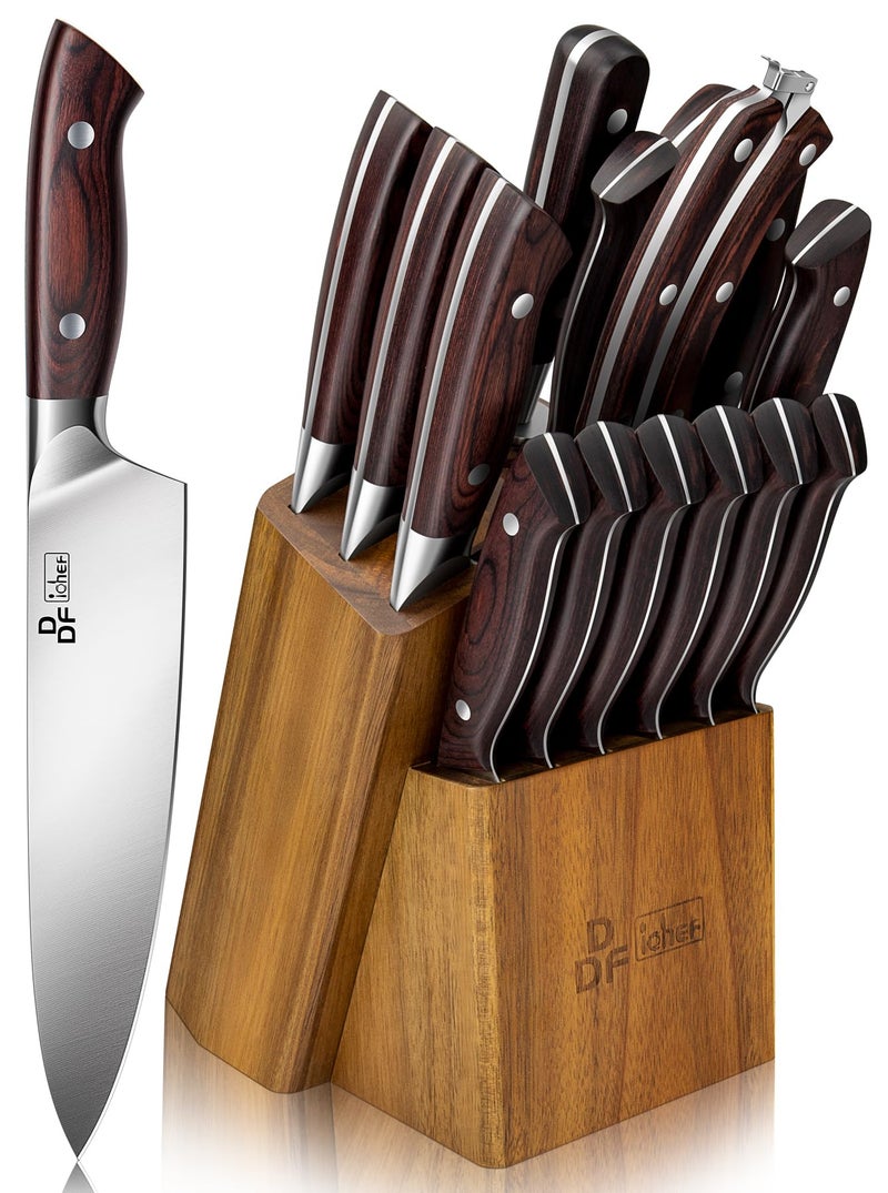 DDF iohEF Kitchen Knife Set, 16-Piece Knife Sets for Kitchen with Block Japanese Stainless Steel Knives Set with Sharpener Ultra Sharp Professional Chef Knife Set with Ergonomic Handle for Cutting - Image 1