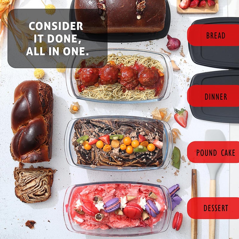 EATEX Glass Bread Pans for Homemade Bread Baking, 1.9 Quart Deep Rectangular Glass Food Storage Containers with Lids, 3 Bread Loaf Pans 3 Airtight Lids Black Microwave Oven & Freezer Safe - Image 2